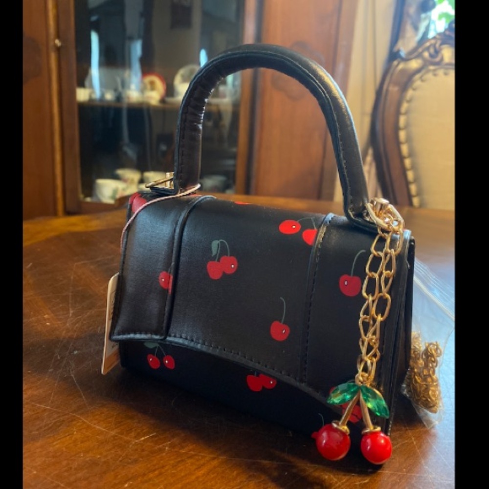 Cherries Mini Satchel Handbag - Black
